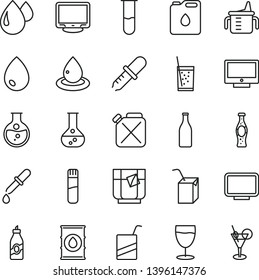 thin line vector icon set - measuring cup for feeding vector, e, packing of juice with a straw, drop, screen, glass soda, tea, bottle, liquor, round flask, oil, canister, monitor, test tube, pipette