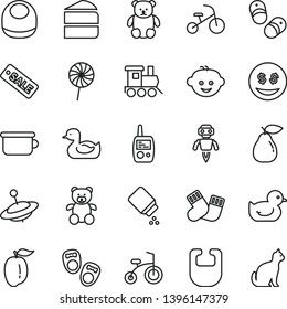 thin line vector icon set - baby powder vector, bib, rubber duck, duckling, warm socks, toy mobile phone, children's potty, teddy bear, small, hairdo, train, yule, child bicycle, tricycle, lollipop