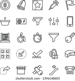 thin line vector icon set - silent mode vector, abacus, bell, left bottom arrow, flag, smartphone, size, move right, cheese, cloth industry, pan, filter, water, pc power supply, settings, satellite