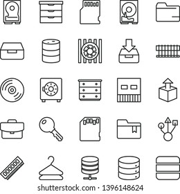 thin line vector icon set - folder vector, bookmark, storage unit, chest of drawers, key, CD, big data, server, suitcase, put in a box, drawer, strongbox, hanger, unpacking, barrel, radiator fan