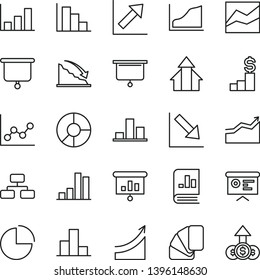 thin line vector icon set - pie chart vector, bar, line, graph, growth, negative, positive histogram, sample of colour, flowchart, recession, ring diagram, book on statistics, presentation, board