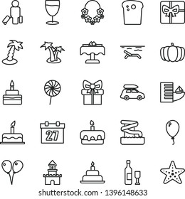 thin line vector icon set - daily calendar vector, colored air balloons, balloon, cake, birthday, Easter, torte, lollipop, glass, pumpkin, gift, giftbox, sand castle, wine, car baggage, passenger