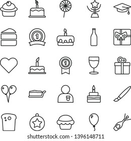 thin line vector icon set - tassel vector, colored air balloons, balloon, cake, heart, gift, Easter, muffin, piece of, slice, torte, birthday, lollipop, glass, bottle, giftbox, star cup, graduate