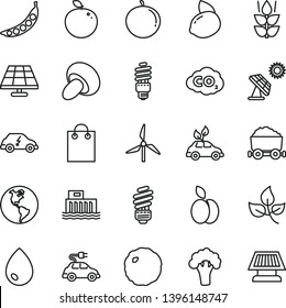 thin line vector icon set - saving light bulb vector, drop, porcini, cabbage, apple, mint, tangerine, yellow lemon, delicious, peas, broccoli, solar panel, big, leaves, windmill, planet Earth, bag