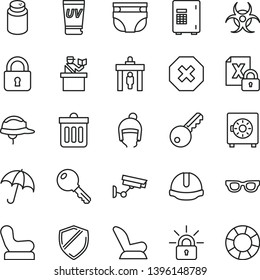 thin line vector icon set - mark of injury vector, nappy, powder, Baby chair, car child seat, winter hat, construction helmet, dust bin, lock, key, umbrella, strongbox, encrypting, glasses, uv cream