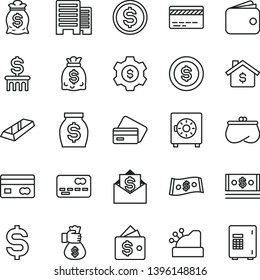 thin line vector icon set - bank card vector, buildings, strongbox, reverse side of a, front the, denomination dollar, wallet, purse, money, dollars, cash, cashbox, gold bar, bag hand, coin, column