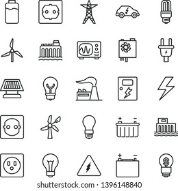 thin line vector icon set - lightning vector, matte light bulb, power socket type f, dangers, charge level, windmill, wind energy, factory, accumulator, battery, hydroelectric station, line, mercury