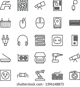 thin line vector icon set - keyboard vector, cordless drill, power socket type f, plummet, heating coil, faucet mixer, headphones, battery, electric plug, assembly robot, radiator fan, mouse, hdd