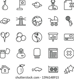 thin line vector icon set - mark of injury vector, baby carriage, colored air balloons, delete page, planet, small fish, blueberries, ripe plum, onion, Earth, lighthouse, front the bank card, gpu