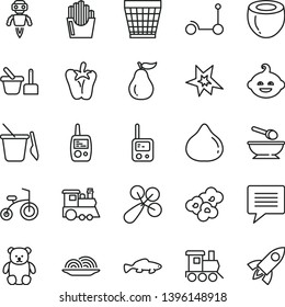 thin line vector icon set - image of thought vector, wicker pot, baby rattle, toy phone, mobile, sand set, children's, deep plate with a spoon, small teddy bear, funny hairdo, train, child bicycle