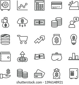 thin line vector icon set - bank card vector, purse, growth up, graph, strongbox, coins, shopping cart, column of, chart, get a wage, money, dollar, engineer calculator, cashbox, bag hand, rain