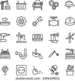 thin line vector icon set - tower crane vector, hook, concrete mixer, cordless drill, sewerage, power socket type f, construction helmet, core, working oil derrick, wind energy, valve, battery, gear