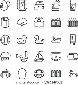 thin line vector icon set - mug for feeding vector, rubber duck, baby duckling, children's bathroom, rainy cloud, bucket, sink, sewerage, new radiator, faucet mixer, kitchen, electronic boiler, tea