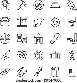 thin line vector icon set - safety pin vector, crane, winch hook, trowel, adjustable wrench, siphon, star gear, knife, paving slab, hammer with claw, canned goods, power line, magnet, pipes, coins