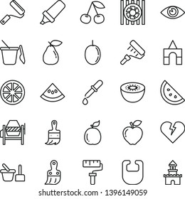 thin line vector icon set - paint roller vector, bib, toy sand set, children's, box of bricks, concrete mixer, new, plastic brush, wooden, broken heart, eye, orange slice, cherry, pear, red apple