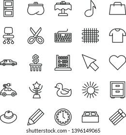 thin line vector icon set - scissors vector, clock face, keyboard, hat, bedside table, rubber duck, abacus, interroom door, building block, heart, T shirt, weaving, electric car, pencil, purse, note