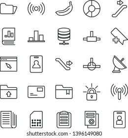 thin line vector icon set - add bookmark vector, folder, upload, big data server, pass card, banana, SIM, chart, ring diagram, book on statistics, scientific publication, newspaper, browser, connect
