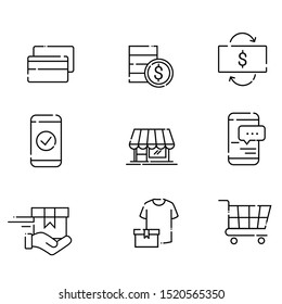 thin line vector icon set - dollar vector, cubes for children, cart, put in, crossed, bag with handles, kiosk, stick of sausage, cup tea, stall, shopping basket, antique advertising signboard, purse