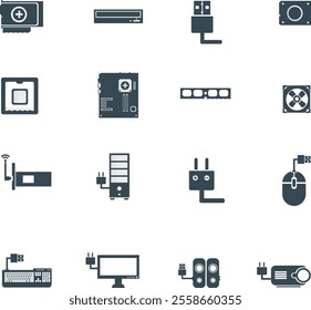 thin line vector icon set - camera vector, cordless drill, power socket type b, headphones, lens, plug, electric, assembly robot, SIM, cast iron radiator, mobile phone, keyboard, pc supply, tower