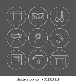 Thin line vector icon set with Artistic gymnastics equipment and elements. Sports vector logo design template.
