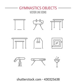 Thin line vector icon set with Artistic gymnastics equipment and elements. Clean vector series. Athlete or gymnast icon collection.
