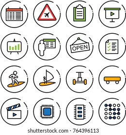 Thin line vector icon set - schedule vector, airport road sign, clipboard, presentation board, chart, open, list, surfing, windsurfing, gyroscope, skateboard, movie flap, cpu, chip, circuit