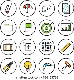 Thin line vector icon set - suitcase vector, liver, breads, folder, flag, target, statistics, power bank, circuit, ruler, pliers, bulb, boomerang, toy hammer