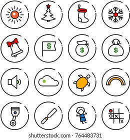 Thin line vector icon set - sun vector, christmas tree, sock, snowflake, bell, dollar flag, money bag, low volume, cloud, sea turtle, rainbow, piston, rasp, doll, Tic tac toe