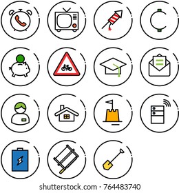 Thin line vector icon set - phone alarm vector, tv, firework rocket, cent, piggy bank, road for moto sign, graduate hat, opened mail, manager, home, sand castle, server wireless, battery, bucksaw