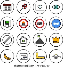 Thin line vector icon set - schedule vector, lollipop, first aid kit, eye, atm, no dangerous cargo road sign, bus, limit, home, pyramid flag, crown, banana, terms plan, corner ruler, jack
