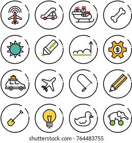 Thin line vector icon set - plane radar vector, trap truck, santa sleigh, broken bone, sun, highlight marker, growth, money managemet, car baggage, fretsaw, pencil, shovel, bulb, duck toy