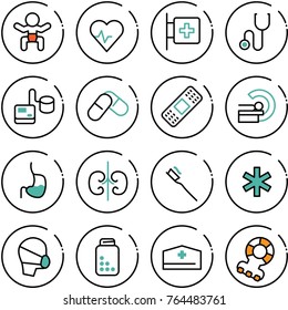 Thin line vector icon set - baby vector, heart pulse, first aid room, stethoscope, tonometer, pills, medical patch, mri, stomach, kidneys, tooth brush, ambulance star, mask, bottle, doctor hat