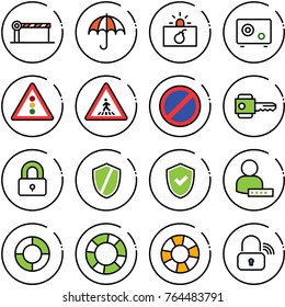 Thin line vector icon set - barrier vector, terrorism, safe, traffic light road sign, pedestrian, no parking, key, locked, shield, check, user password, lifebuoy, wireless lock