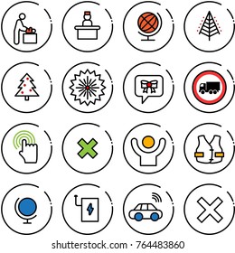Thin line vector icon set - baby room vector, recieptionist, globe, christmas tree, firework, bow message, no truck road sign, hand cursor, delete cross, success, life vest, power bank, car wireless
