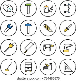 Thin line vector icon set - heart diagnosis vector, work, bucket scoop, bezier, wrench, hammer, knife, clinch, wood drill, metal hacksaw, machine, hoe, tool cabinet, stapler, corner ruler