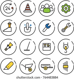 Thin line vector icon set - 24 hours vector, road cone, group, gear, success, casting of steel, wrench, dowel, rake, tool box, winch, work knife, wheelbarrow, trailer, allen key set