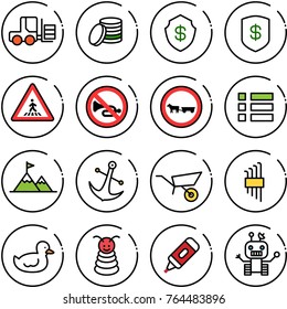 Thin line vector icon set - fork loader vector, coin, safe, pedestrian road sign, no horn, cart horse, menu, attainment, anchor, wheelbarrow, allen key set, duck toy, pyramid, marker, robot