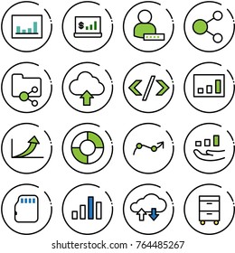 Thin line vector icon set - statistics vector, account, user password, share, shared folder, upload cloud, tag code, growth arrow, circle chart, point, micro flash card, exchange data, tool cabinet
