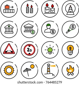 Thin line vector icon set - baggage vector, candle, snowball tree, bank, account, money torch, drawbridge road sign, limited height, bulb, business idea, sun, beach, lighthouse, fire