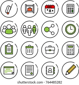 Thin line vector icon set - suitcase vector, baggage room, christmas calendar, calculator, group, share, time, clipboard, trash bin, portfolio, schedule, agreement, contact book, pencil