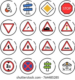 Thin line vector icon set - disabled vector, road signpost sign, main, stop, giving way, turn right, steep descent, traffic light, intersection, side wind, rough, limited height, no, outdoor cafe