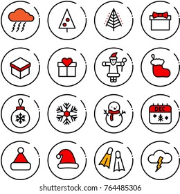 Thin line vector icon set - storm vector, christmas tree, gift, santa claus, sock, ball, snowflake, snowman, calendar, hat, flippers