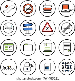 Thin line vector icon set - escalator up vector, no smoking sign, post, netabook connect, road signpost, airport, end overtake limit, website, folder, save, agreement, swimming, wireless lock, sim