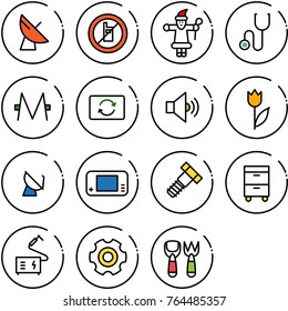 Thin line vector icon set - satellite antenna vector, no mobile sign, santa claus, stethoscope, monero, card exchange, volume medium, tulip, game console, bolt, tool cabinet, welding, gear