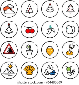 Thin line vector icon set - clouds vector, christmas tree, rowanberry, banana, eggs, landslide road sign, flower pot, strawberry, palm, pyramid, shell, recycling, toy caterpillar