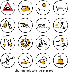 Thin line vector icon set - embankment vector road sign, coconut cocktail, lounger, flippers, pool, swimming, palm, life vest, hand wheel, sail boat, waves, kayak, windsurfing, dolphin, sand castle