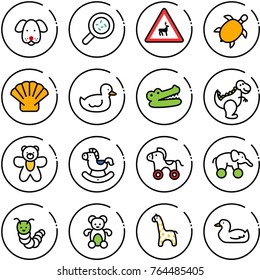 Thin line vector icon set - dog vector, bacteria, wild animals road sign, sea turtle, shell, duck toy, crocodile, dinosaur, bear, rocking horse, wheel, elephant, caterpillar, giraffe