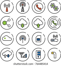 Thin line vector icon set - antenna vector, phone, gear, share, download cloud, upload, horn, sim, wi fi router, exchange data, fine signal, server, allen key