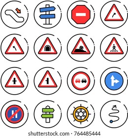 Thin line vector icon set - escalator down vector, road signpost sign, no way, turn right, left, tunnel, steep roadside, pedestrian, intersection, overtake, only forward, parking even, hand wheel