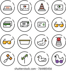 Thin line vector icon set - taxi vector, credit card, road cone, tap pay, sunglasses, basin, duck toy, pyramid, hammer, windmill
